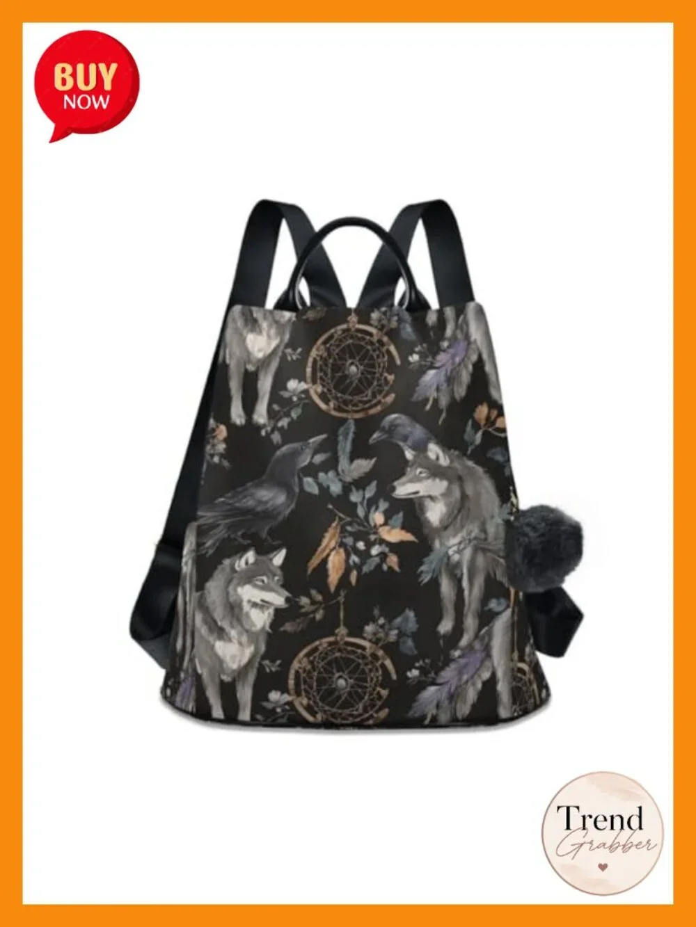 Watercolor Raven Wolf Boho Backpack Purse Adjustable Straps